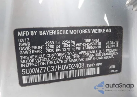 2017 BMW X3 Sdrive28I из США, поврежденный, VIN 5UXWZ7C37H0V92408